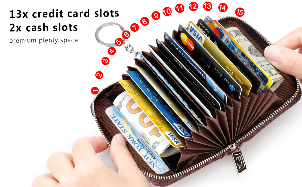 FurArt Zipper Credit Card Case Wallet, RFID Blocking, Extra Key Chain, 15/16 Slots