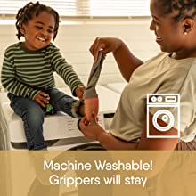 Machine washable. Grippers will stay