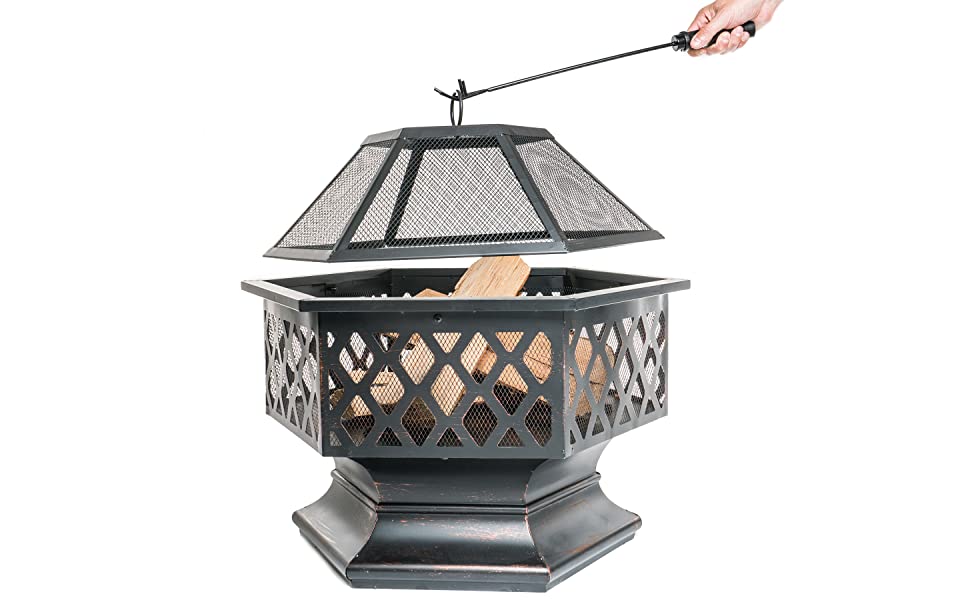 PRISP outdoor fire pit, open slightly by a hand with a stick , wood logs inside, white background