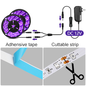 UV LED Strip Kit, LED Tape Ribbon, Purple Flexible Tape Lamp, Indoor UV Lamp, LED Blacklight,