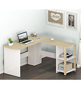 SHW L-Shaped Office Corner Deck with Storage Shelves, Oak