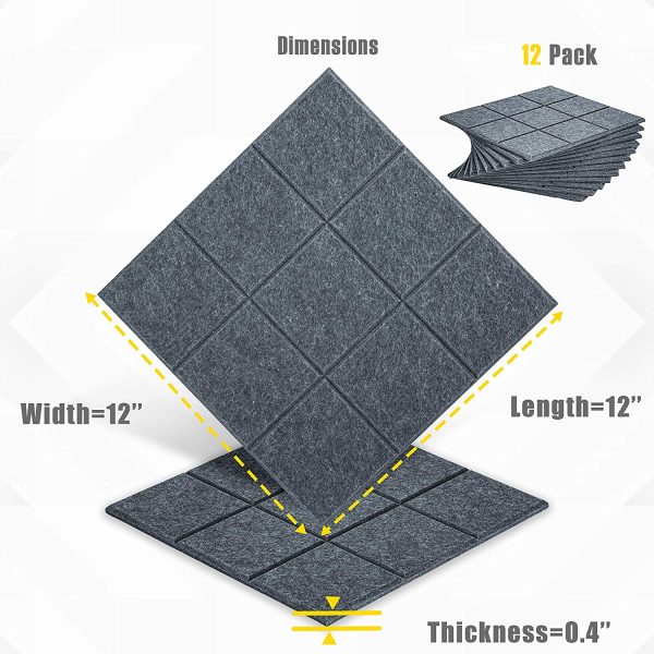 12 Pack Set Acoustic Absorption Panel, 12 X 12 X 0.4 Inches Grey Acoustic Soundproofing Insulation Panel Beveled Edge Tiles, Acoustic Treatment Used in Home & Offices, 9 Blocks Square Design - Image 6