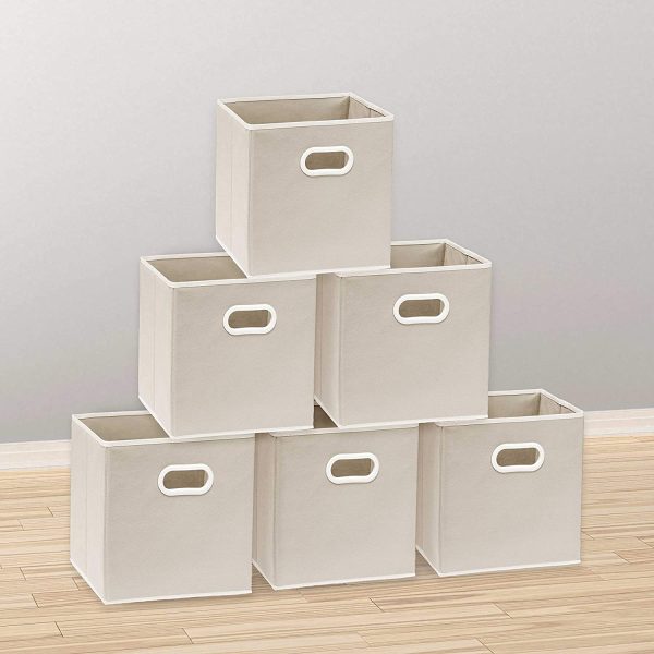 6 Pack - SimpleHouseware Foldable Cube Storage Bin with Handle, Beige - Image 5