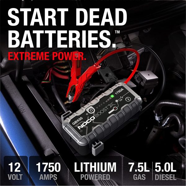 Boost X GBX55 1750A 12V UltraSafe Portable Lithium Jump Starter, Car Battery Booster Pack, USB-C Powerbank Charger, and Jumper Cables for Up to 7.5-Liter Gas and 5.0-Liter Diesel Engines Gray