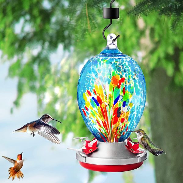 Hummingbird Feeder for Outdoors,Hand Blown Glass,34 Fluid Ounces Humming Bird Feeders for Outside,Garden Backyard Decorative Include Hanging Wires and Hook(Spray) - Image 6