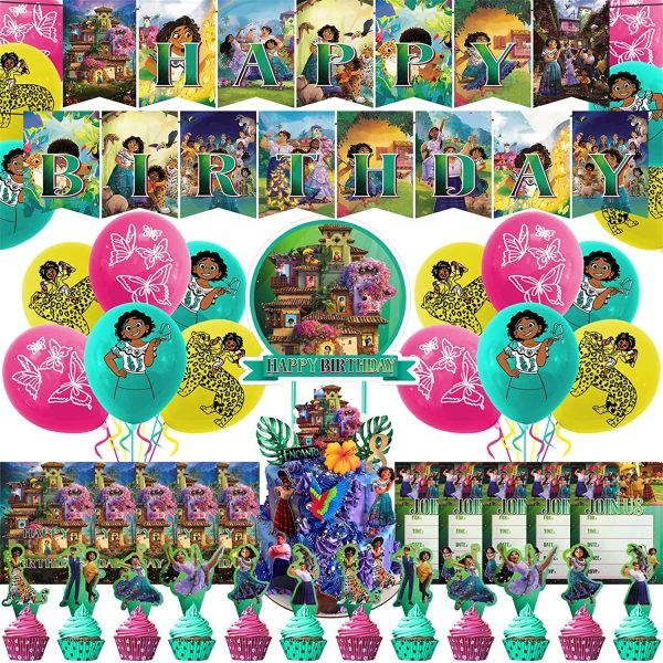 44 Pcs The Encanto Party Decorations, Magic movie Birthday Party Supplies Include a Set of Happy Birthday Banner, Bolloons, Cake Topper, Cupcake Toppers, Birthday Invitation Card for Girls Gifts