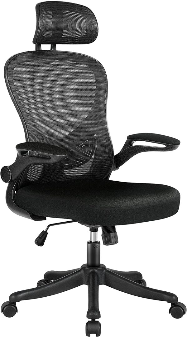 Desk Chair, Home Office Chair, Task Chair, Mesh Computer Chair, Office Chair with Headrest, Ergonomic Chair with Adjustable Lumbar Support and Flip-up Armrest for Work or Study (Black)