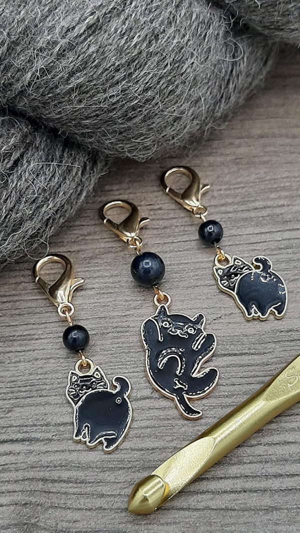 Set of 3 black cat charms with lobster clasps can be used as stitch markers for knitting and crochet, or can be used as functional zipper pulls or purse charms, or planner charms - Image 6