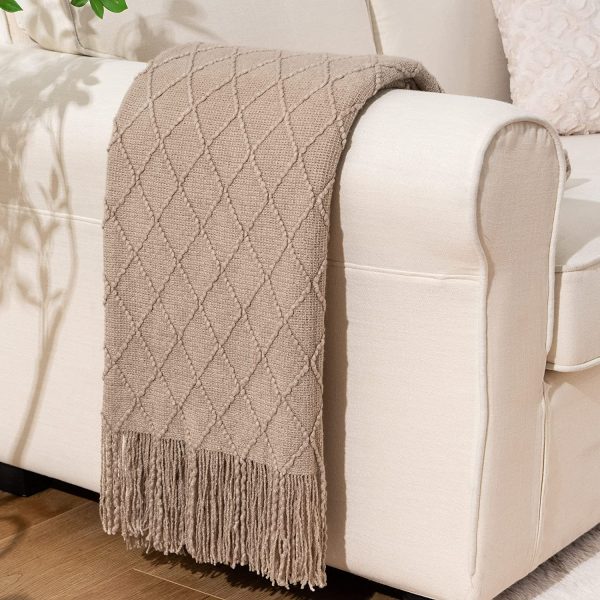 Knitted Throw Blanket Diamond Pattern Decorative Indoor Outdoor Throws for Sofa Couch Chair Home Decor (50"x60", Beige) - Image 3