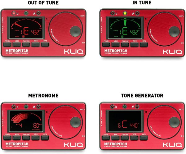 KLIQ MetroPitch - Metronome Tuner for All Instruments - with Guitar, Bass, Violin, Ukulele, and Chromatic Tuning Modes - Tone Generator - Carrying Pouch Included, Red