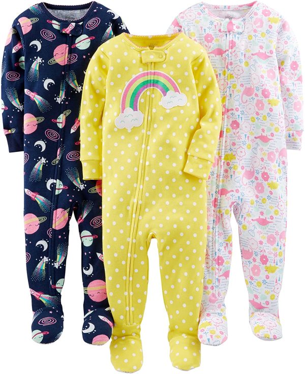 Simple Joys by Carter's Baby and Toddler Girls' 3-Pack Snug Fit Footed Cotton Pajamas