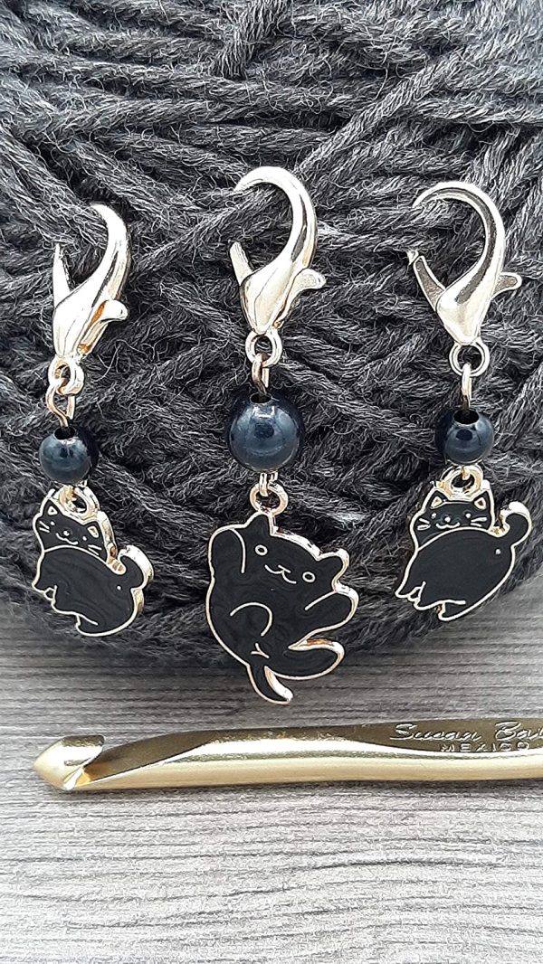 Set of 3 black cat charms with lobster clasps can be used as stitch markers for knitting and crochet, or can be used as functional zipper pulls or purse charms, or planner charms - Image 2