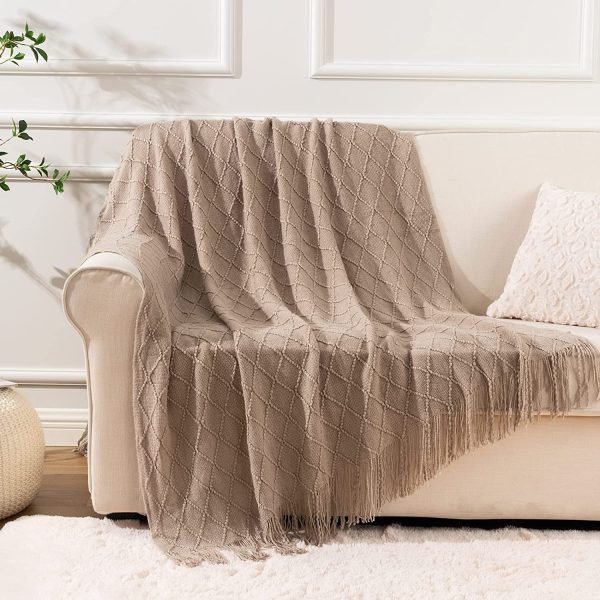 Knitted Throw Blanket Diamond Pattern Decorative Indoor Outdoor Throws for Sofa Couch Chair Home Decor (50"x60", Beige) - Image 5