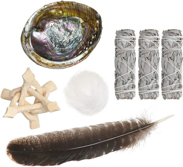 Sage Smudge Kit - White Sage Smudge Sticks ~ Abalone Shell 5-6 in ~ 2 in Tripod Stand ~ 10-12 in Feather and White Sand ~ The Perfect Smudge Kit