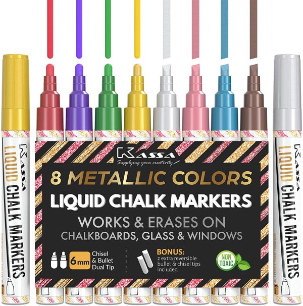 Liquid Chalk Markers (8 Pack) - Metallic Colors - Erasable Chalkboard Pens for Blackboard Glass Mirrors - Reversible Dual Tip - Image 7