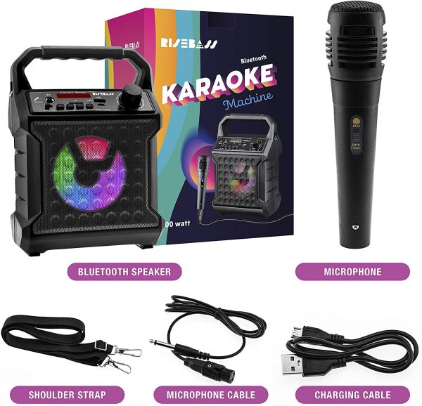 Risebass Portable Bluetooth Speaker with Microphone Set - Home Karaoke Machine and PA System for Kids and Adults with Party Lights - Rechargeable USB Speaker Set with FM Radio, SD/TF Card and AUX - Image 6