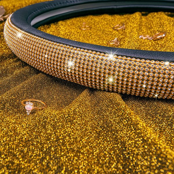 CAR PASS Glorious Rhinestones Leather Universal Steering Wheel Cover, Fit for Suvs,Vans,sedans,Cars,Trucks (Golden) - Image 3