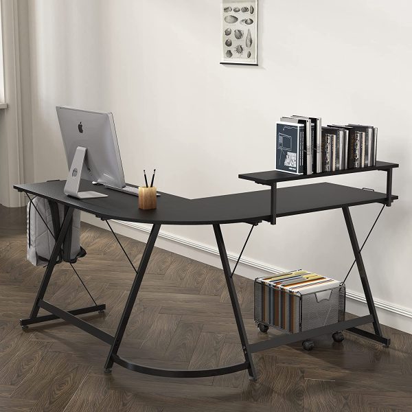 Computer Gaming L-shaped Desk with Monitor Stand for Home Office, Black - Image 7