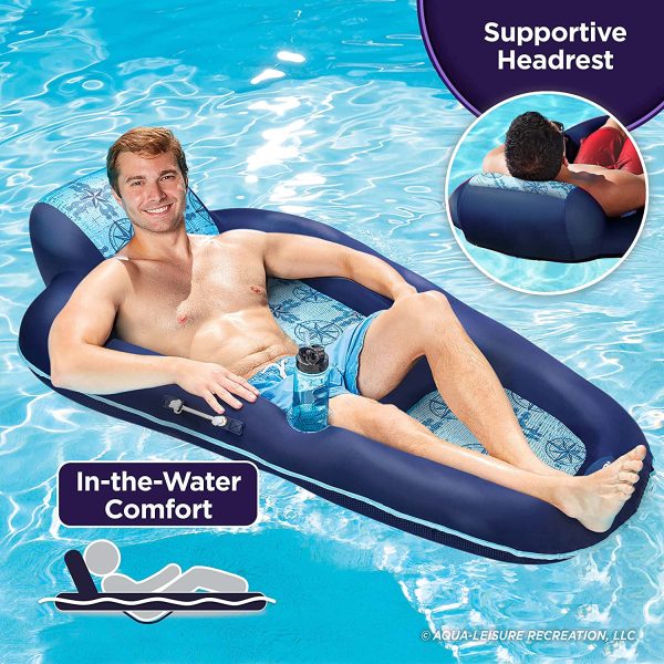 Aqua Luxury Water Lounge, X-Large, Inflatable Pool Float with Headrest, Backrest & Footrest, Navy/Light Blue - Image 3