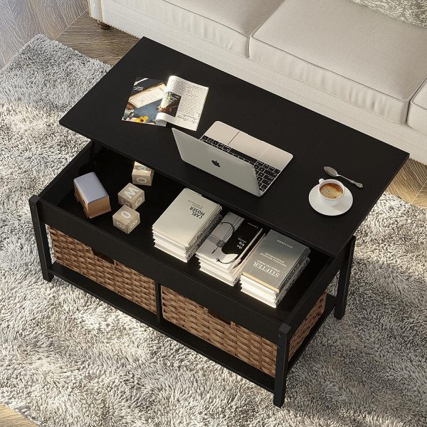 Rolanstar Coffee Table, Lift Top Coffee Table with Rattan Baskets and Hidden Compartment, Retro Central Table with Wooden Lift Tabletop and Metal Frame, for Living Room,Black