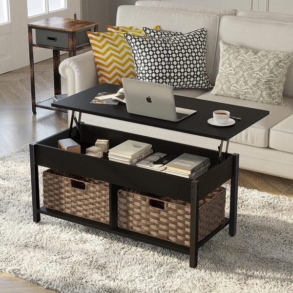 Rolanstar Coffee Table, Lift Top Coffee Table with Rattan Baskets and Hidden Compartment, Retro Central Table with Wooden Lift Tabletop and Metal Frame, for Living Room,Black - Image 3