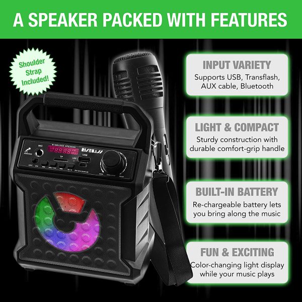 Risebass Portable Bluetooth Speaker with Microphone Set - Home Karaoke Machine and PA System for Kids and Adults with Party Lights - Rechargeable USB Speaker Set with FM Radio, SD/TF Card and AUX