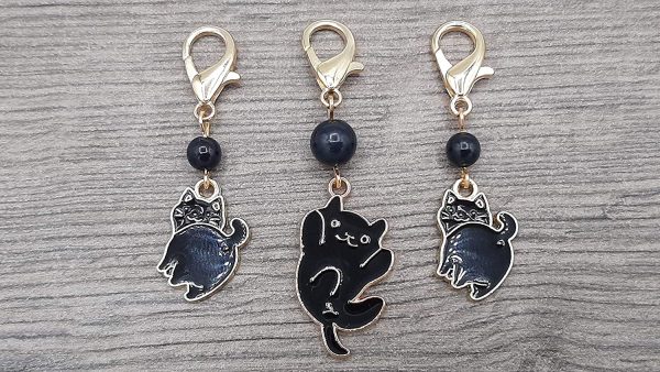 Set of 3 black cat charms with lobster clasps can be used as stitch markers for knitting and crochet, or can be used as functional zipper pulls or purse charms, or planner charms - Image 4