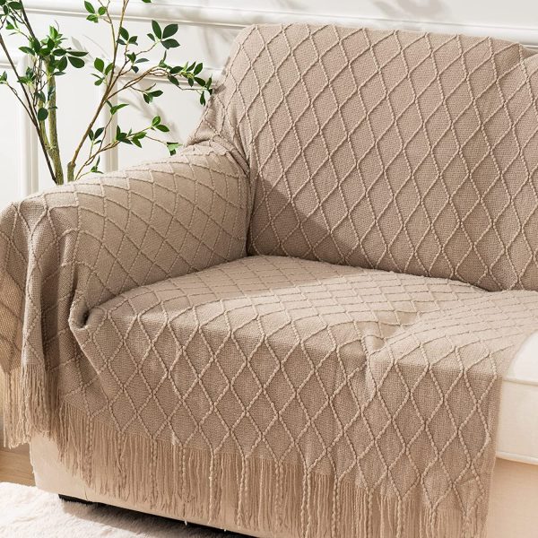 Knitted Throw Blanket Diamond Pattern Decorative Indoor Outdoor Throws for Sofa Couch Chair Home Decor (50"x60", Beige)