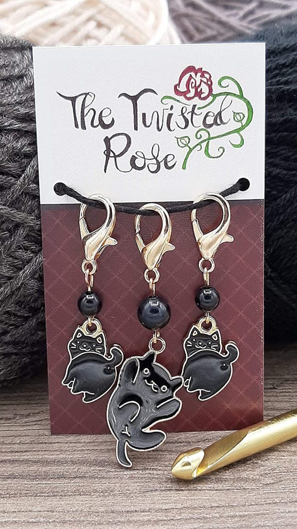 Set of 3 black cat charms with lobster clasps can be used as stitch markers for knitting and crochet, or can be used as functional zipper pulls or purse charms, or planner charms - Image 5