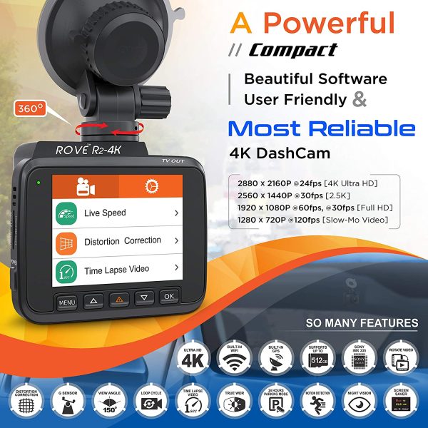 Rove R2-4K Dash Cam Built in WiFi GPS Car Dashboard Camera Recorder with UHD 2160P, 2.4" LCD, 150?? Wide Angle, WDR, Night Vision - Image 3