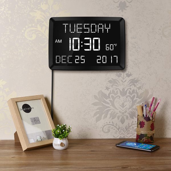 11.5?? Digital Wall Clock,Large Calendar Day Clock,Impaired Vision LED Desk Alarm Clock with 3 Alarms,Date,Temperature,5 Dimmer,2 USB Chargers,DST,12/24H,Loud Plug in Seniors Clock Battery Backup for Living Room Bedroom,Elderly Memory Loss Kids Teens Boys Girls - Image 4