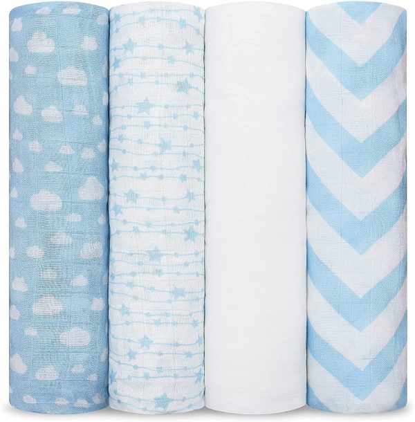 Muslin Swaddle Blankets, for Baby, 4 Pack, Cute Swaddling and Nursing Covers, Soft and Breathable Bamboo Cotton, Gender Neutral, Receiving and Tummy Time Use by - Image 3