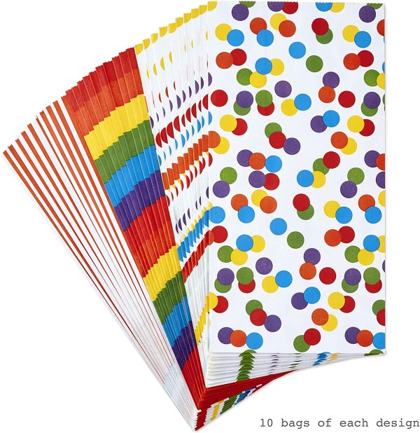 Celebrate Rainbow Party Favor and Wrapped Treat Bags (30 Ct, 10 Each of Vertical Stripes, Horizontal Stripes, Dots) for Birthdays, Baby Showers, School Lunches, Care Packages, May Day - Image 4