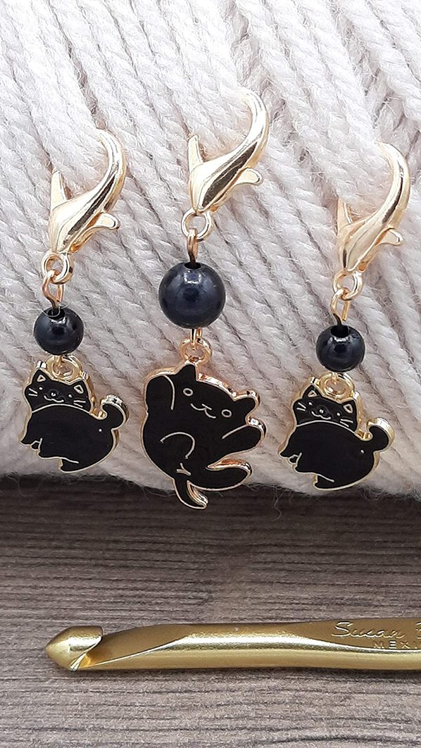 Set of 3 black cat charms with lobster clasps can be used as stitch markers for knitting and crochet, or can be used as functional zipper pulls or purse charms, or planner charms - Image 3