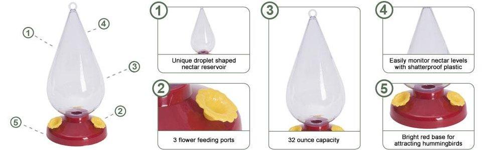 Garden Song 32 oz Dew Drop Plastic Hummingbird Feeder