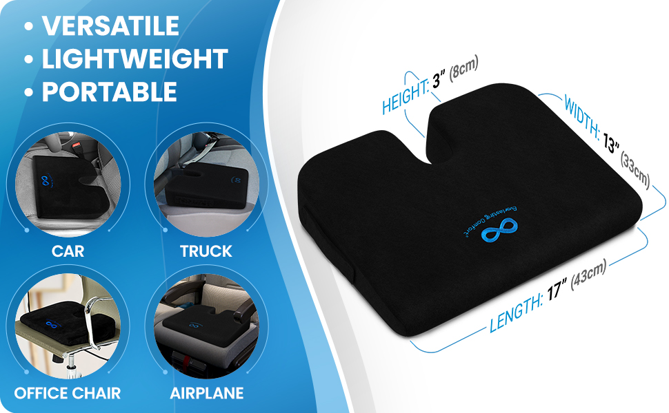 Car seat pad is versatile and can be used in cars, trucks, office chairs, and airplanes