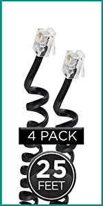 Telephone coiled cord black25ft 4 pack