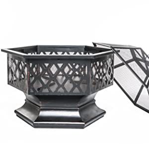 PRISP empty outdoor fire pit, sparkguard cover open, leaning on the base, white background