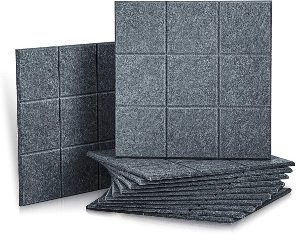 12 Pack Set Acoustic Absorption Panel, 12 X 12 X 0.4 Inches Grey Acoustic Soundproofing Insulation Panel Beveled Edge Tiles, Acoustic Treatment Used in Home & Offices, 9 Blocks Square Design - Image 3