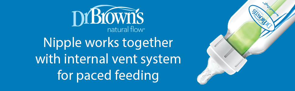 Nipple works together with internal vent system for paced feeding