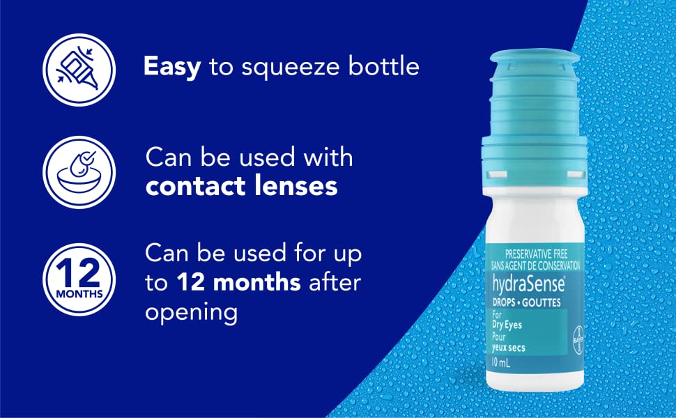 hydraSense eye drops, dry eye, easy to squeeze bottle, can be used with contact lenses, 12 months 