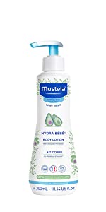 Mustela hydra baby lotion bottle with pump is a hypoallergenic, daily hydrating skin care routine.