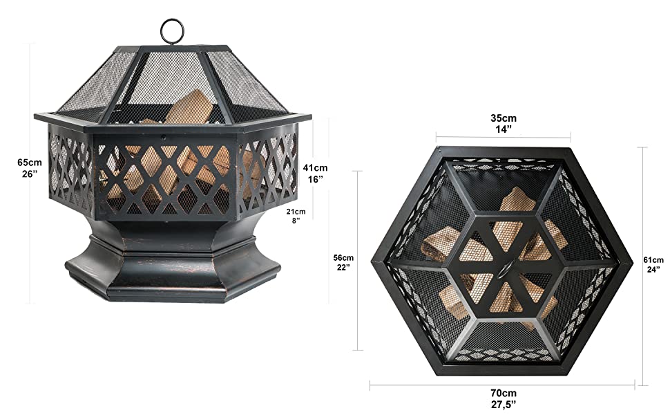 PRISP 2 hexagonal shape outdoor fire pits, front and high angles, wood logs inside, with dimensions