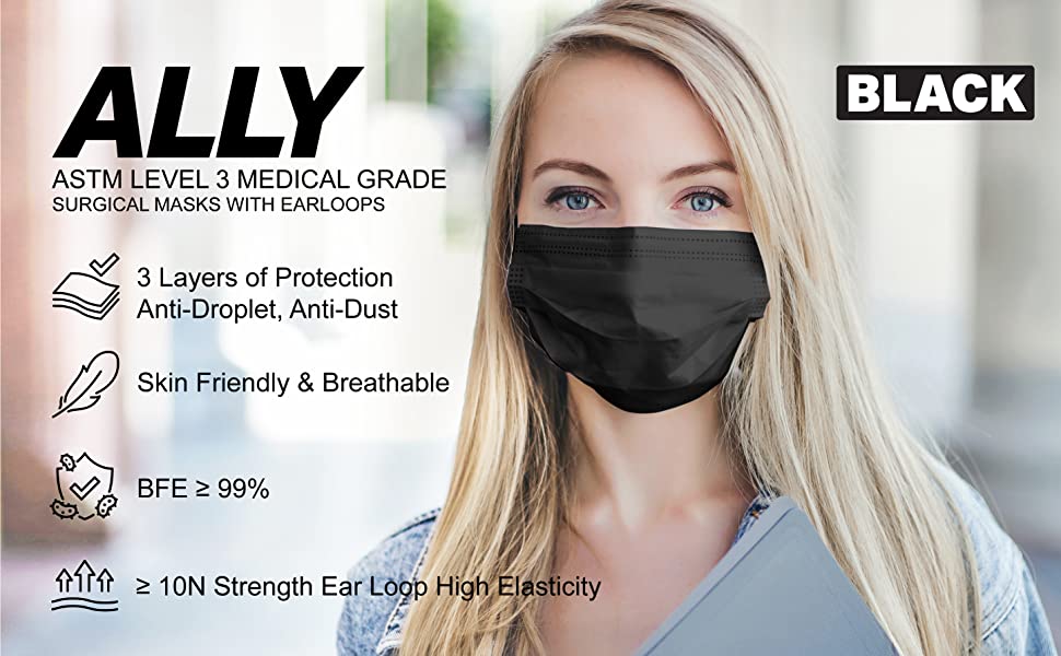 ALLY Black Procedure Masks with Ear-Loops (50pcs) ASTM Level 3