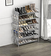 SimpleHouseware 6-Tier Shoe Rack Storage Organizer 34-Pair w/Side Hanging Bag, Grey