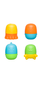 4 multicolored interchangeable bath toys shaped like sea creatures arranged in 2x2 grid