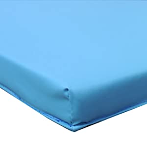 Closeup on the corner of a PRISP blue 180cm gym mat