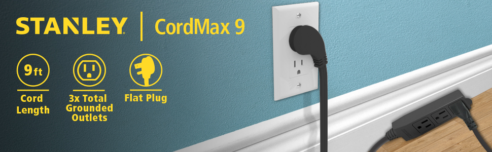 stanley cordmax 9 office and cordmax 9 home 3 grounded outlets flat plug for all situations safety