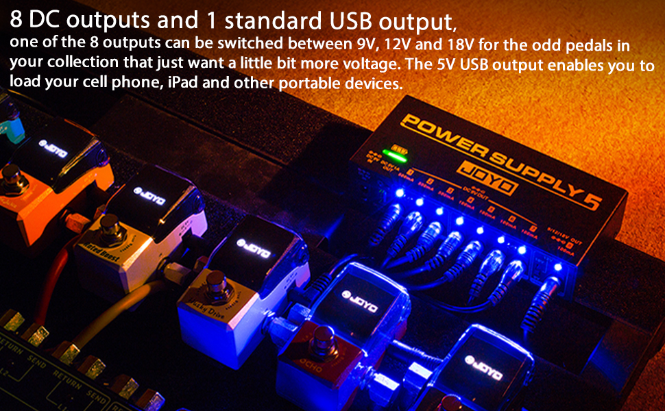 8 Outputs 9V 12V 18V (100mA, 500mA) Jacks & 5V/1A USB Port 