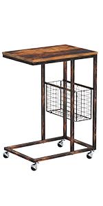 Rolanstar Side Table, C End Table, Mobile Snack Table with Storage Basket and Wheels